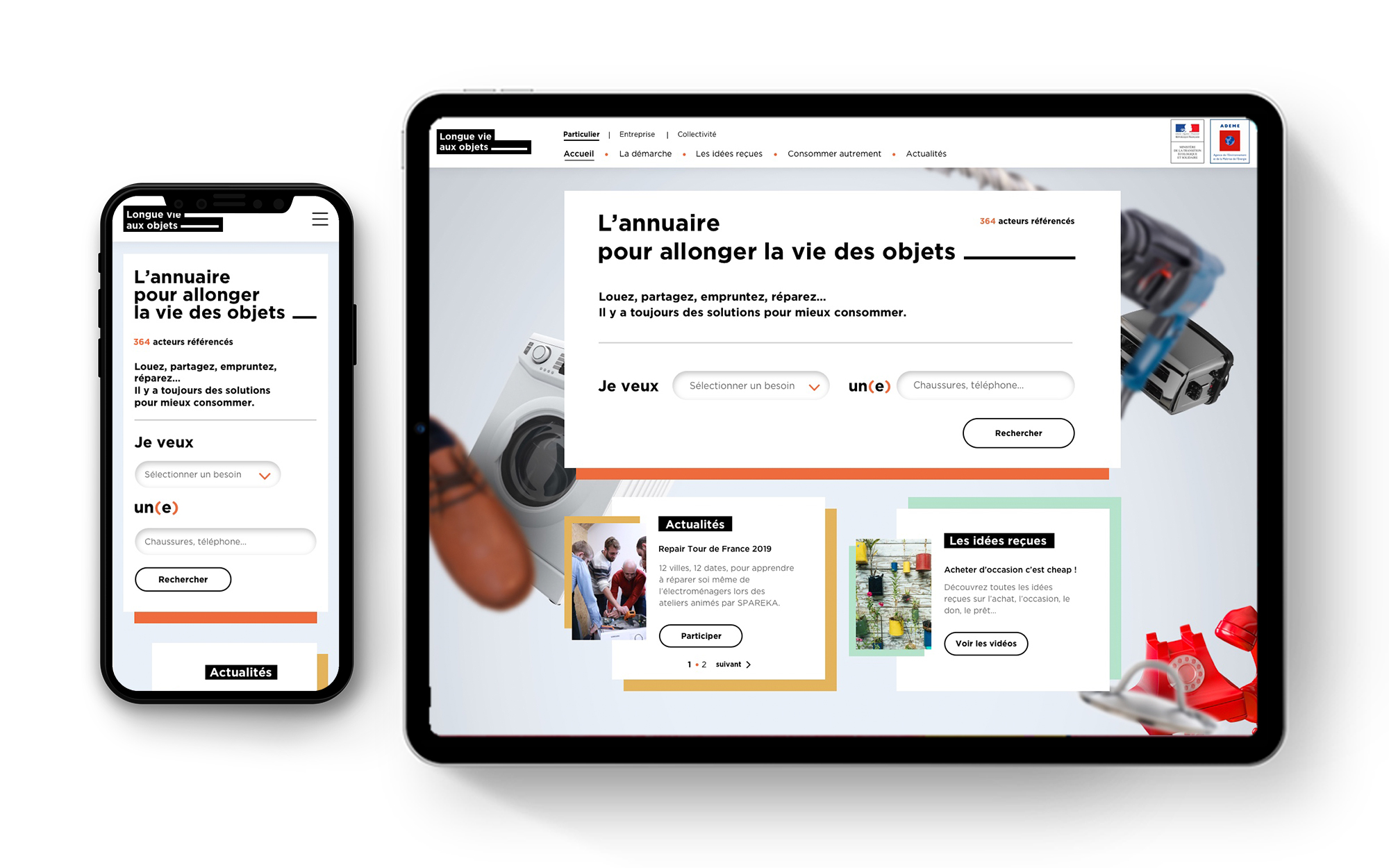 homepage sur mobile et tablette du site Longue vie aux objets de l'ADEME