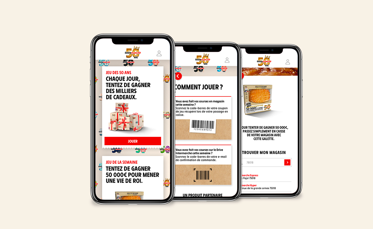 aperçu des écrans mobile de l'application mobile du jeu 50ans Intermarche