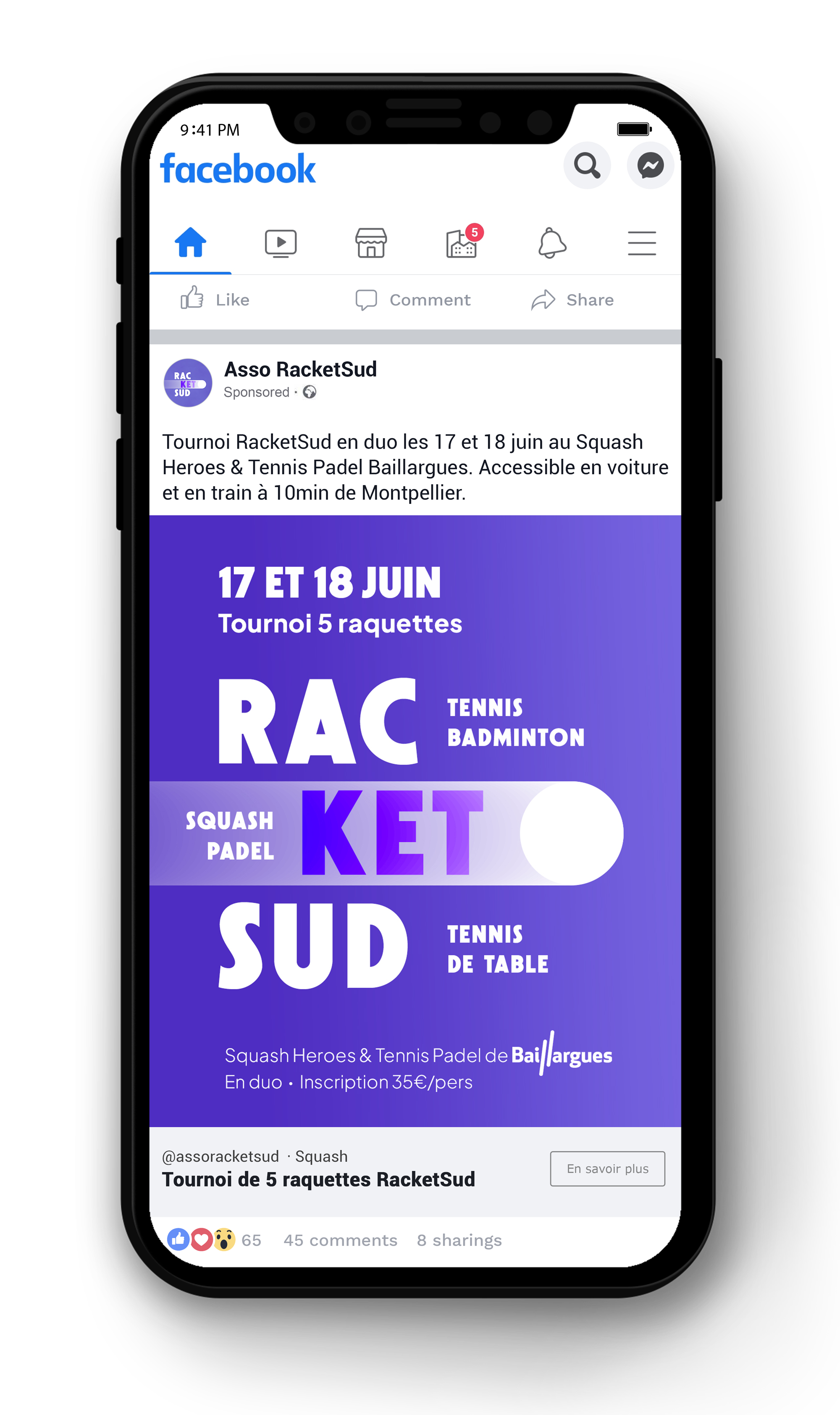 mise en situation du post Facebook de l'évènement Racketsud