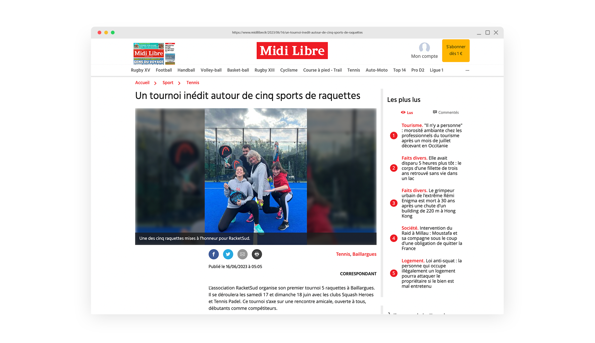 article de presse sur l'évènement Racketsud